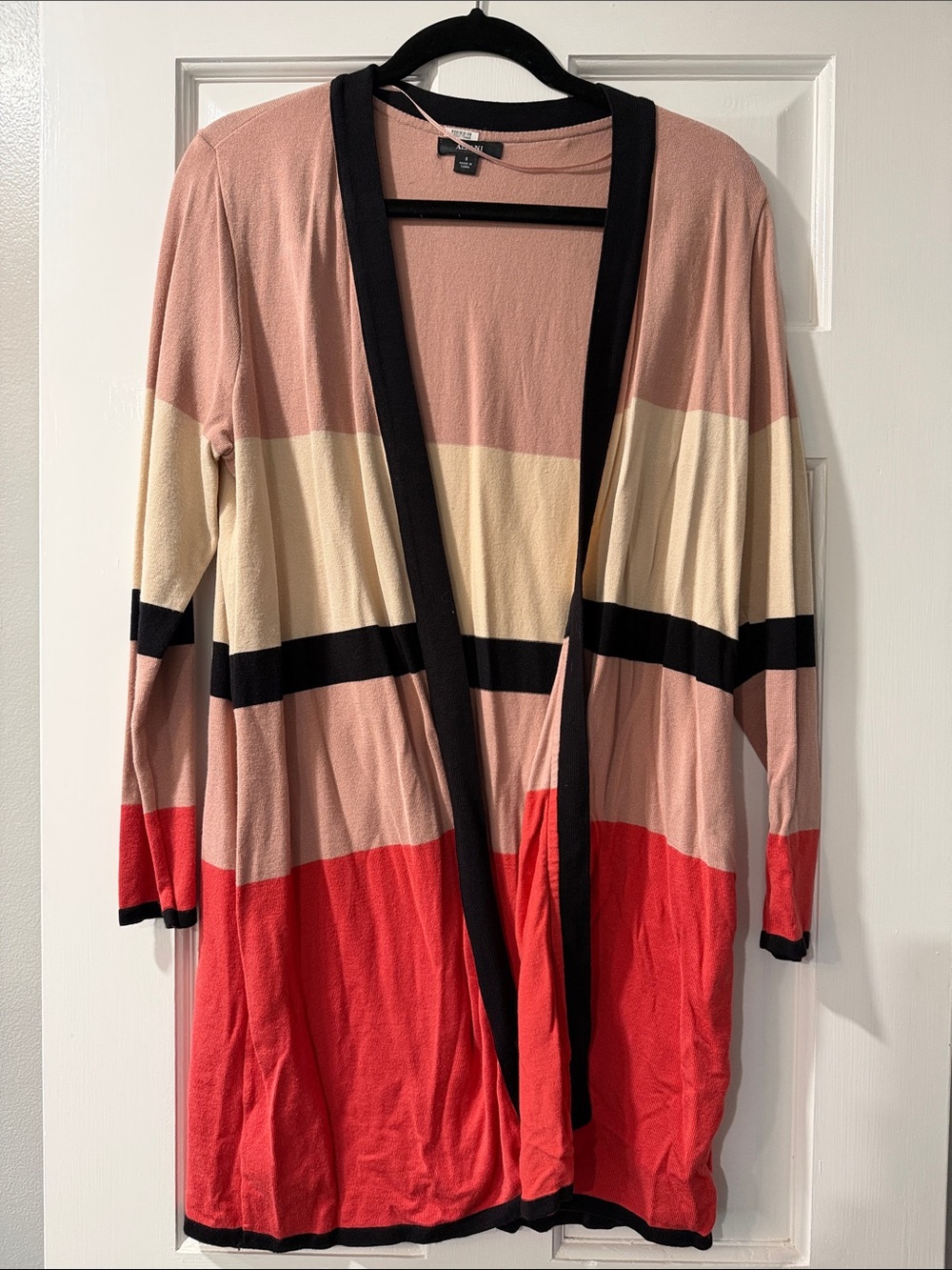 Alfani Pink, Cream & Coral Colorblock Open Cardigan with Black Trim